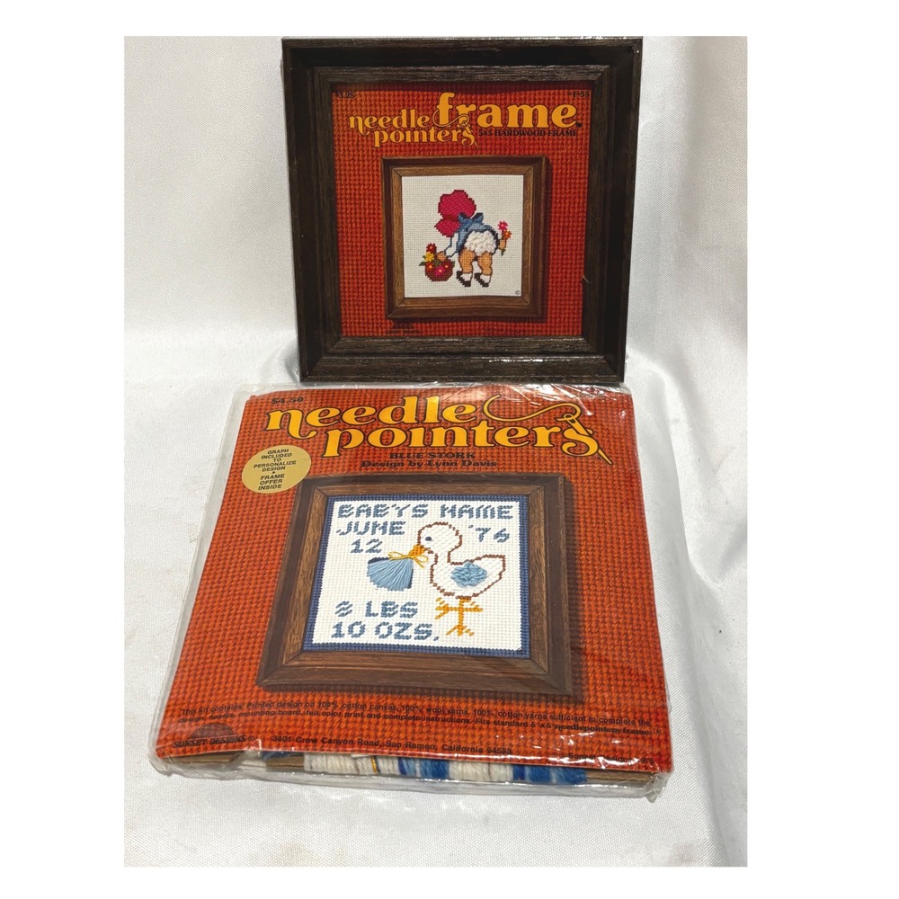 Vintage New Sunset Needlepoint Needle Pointers Kit Blue Stork Baby Birth & Frame